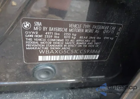 2012 BMW 528I z USA, uszkodzony, nr VIN WBAXG5C51CC593866